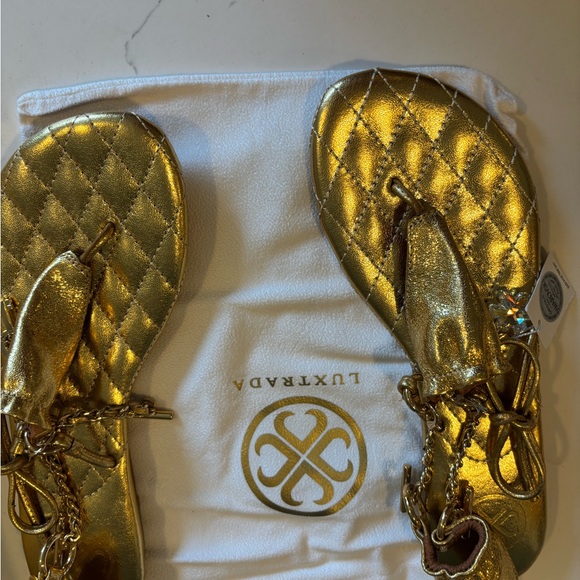 NWT Luxtrada 18K Gold plated metallic leather Women's Sandals refined elegance - Picture 3 of 16